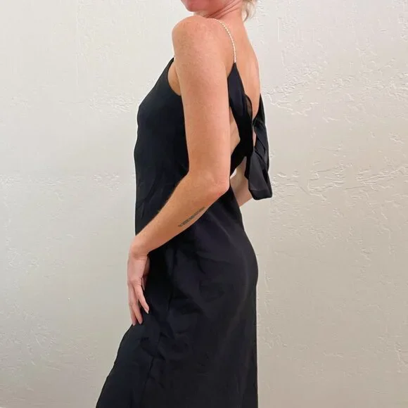 Vintage 1990s Black Chiffon Rhinestone Strap Low Back Midi Dress - Picture 2 of 7